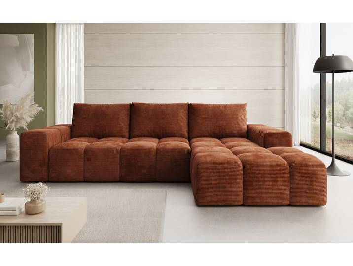 Designer Ecksofa Aila mit Schlaf- und Klappfunktion in Cord - Cord - Terrakotta - Rechts - Luxusbetten24