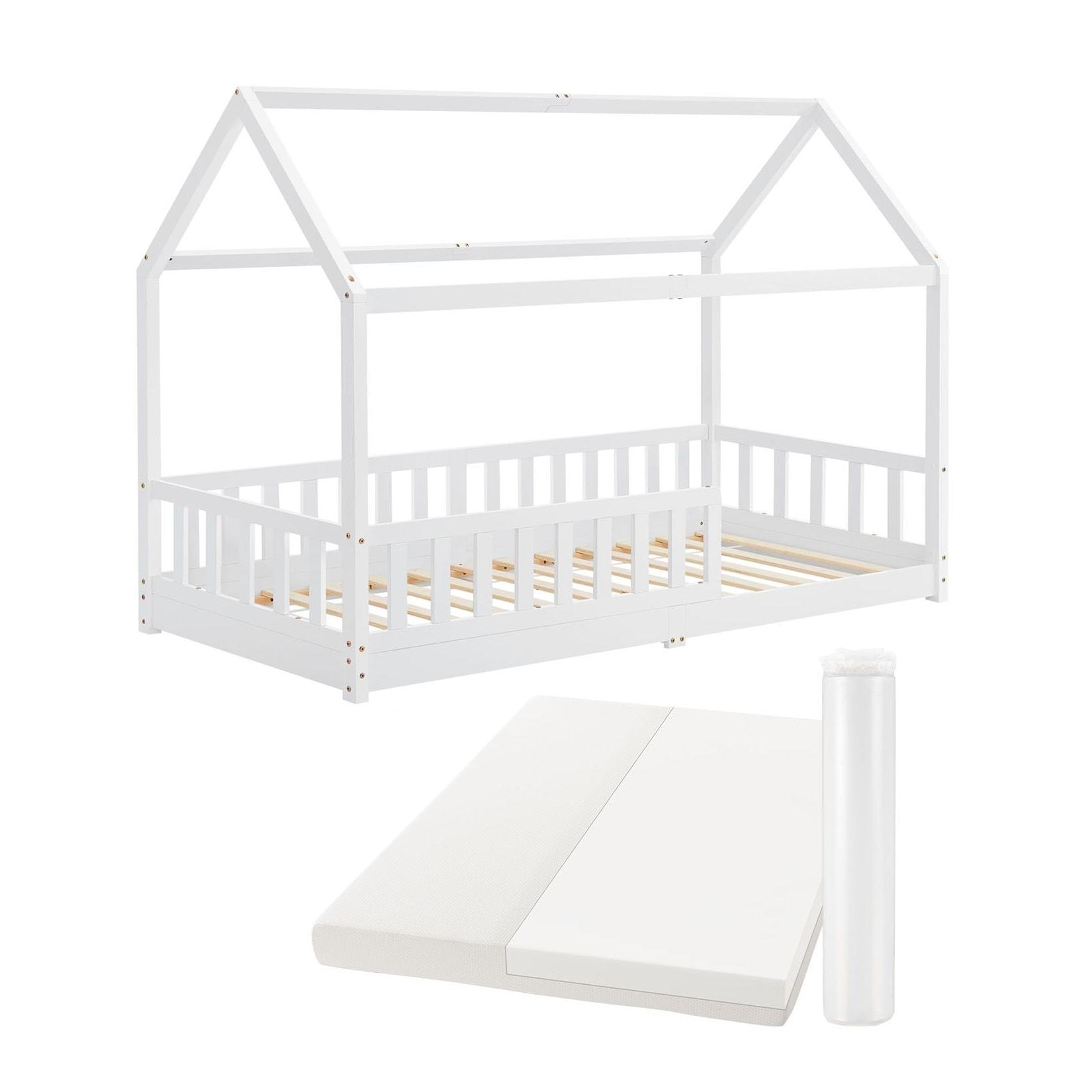 Juskys Kinderbett Marli 90 x 200 cm mit Matratze, Gitter, Lattenrost & Dach - Bett Weiß