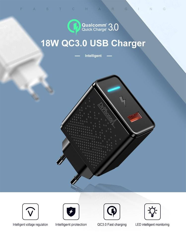 DrPhone HALO 18W Qualcomm 3.0 Quick Charge Sneloplader met LED-indicator - Wit