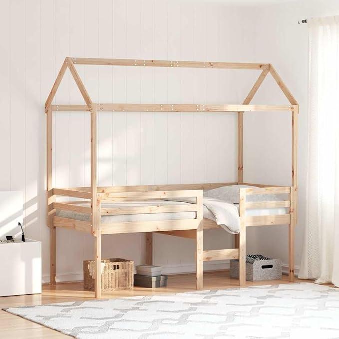 Hochbett mit Dach 80x200 cm Massivholz Kiefer, stabiles Bettrahmen, Kinderbett mit Stauraum, offener Zugang, ideales Jugendbett für kleines Schlafzimmer, langlebiger Holzbett