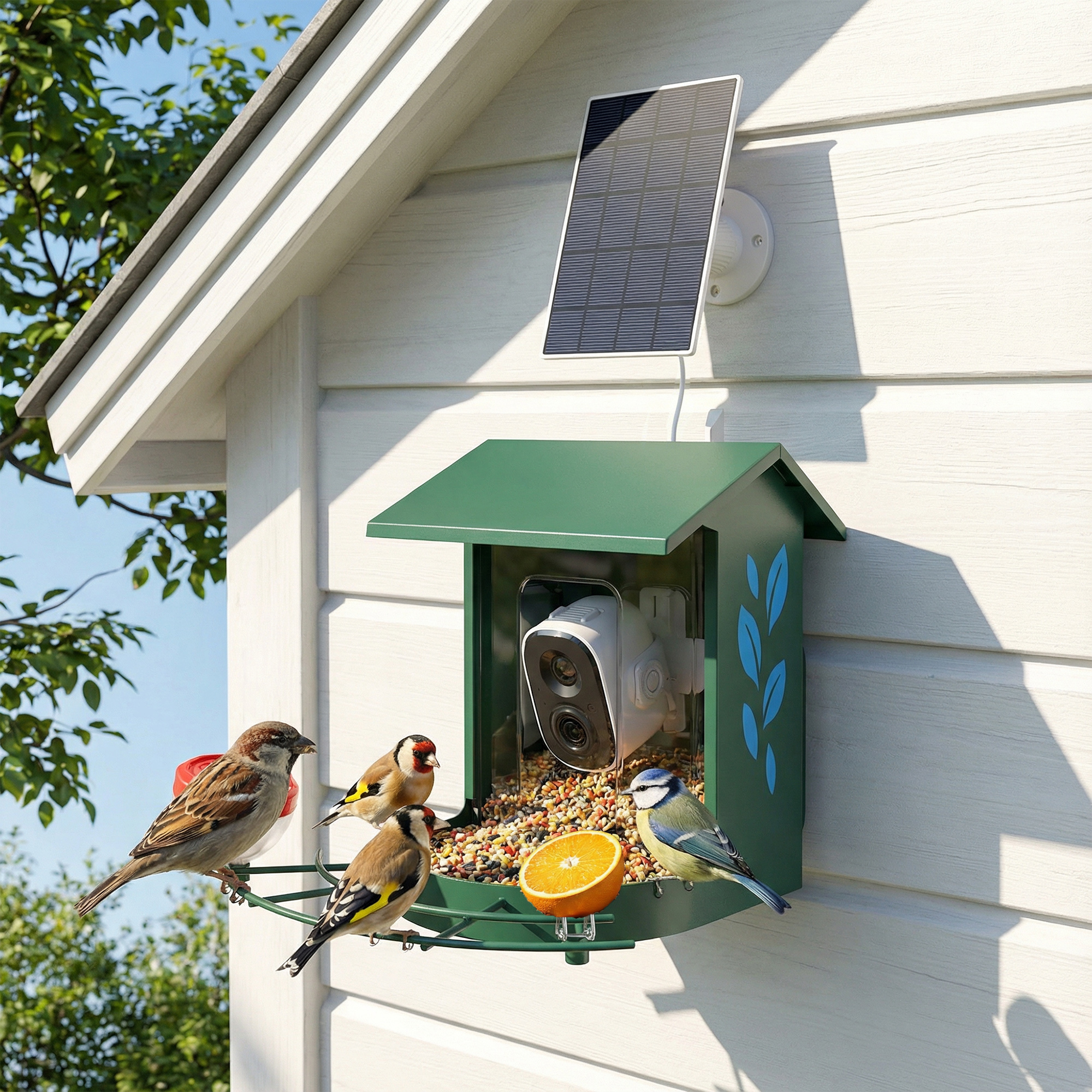 Pawhut Mangiatoia per uccelli con telecamera intelligente 2K, scocca in acciaio anti-scoiattolo e pannello solare, 30x34,5x26,3 cm, verde   Aosom Italy