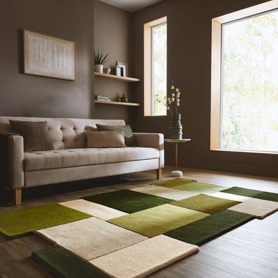 Läufer FLAIR RUGS "Abstract Collage, 100% Wolle, Karo Design", grün, B:150cm H:11mm L:240cm, Wolle, Teppiche, Läufer, Patchwork, modern, mehrfarbig, Läufer, Wohnzimmer, Flur, Schlafzimmer