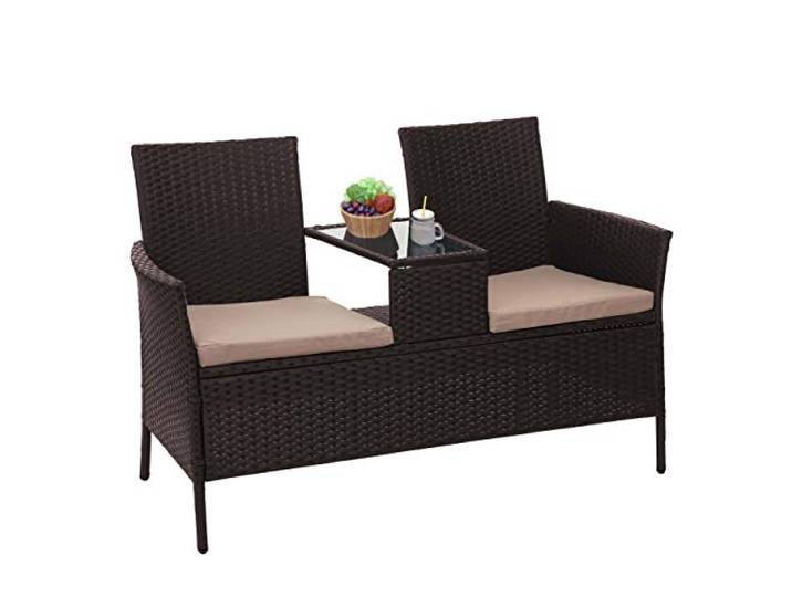Mendler Poly-Rattan Sitzbank mit Tisch HWC-E24 - braun, Kissen Creme