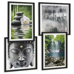 BILDER SET 4er Set - 50x50 cm & 40x60 cm Schwarzer Rahmen - Harmonie der Natur, Steine, Wasser, Buddha