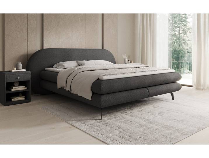 Boxspringbett Marisol mit ovalem Headboard in Bouclé - 140x200 - Grau - H3 (70-100kg) - Luxusbetten24