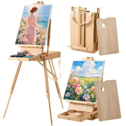 VEVOR Französische Kofferstaffelei Skizzenkasten für Leinwände bis 860 mm, für Malerarbeiten, aus Buchenholz, Höhen- & Winkelverstellbar, Faltbar & Tragbar, mit Schubladen, Palette & Schultergurt
