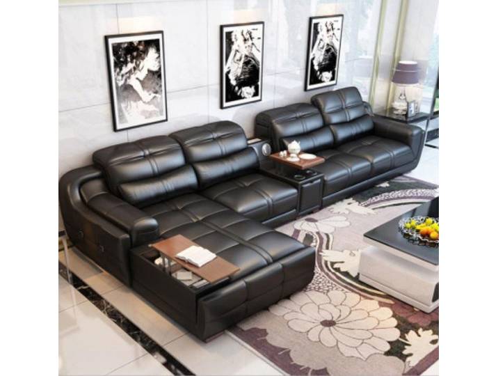 JVmoebel Ecksofa Luxuriöses Ecksofa in Schwarz mit verstellbarem Tisch und Musikboxen, Made in Europa