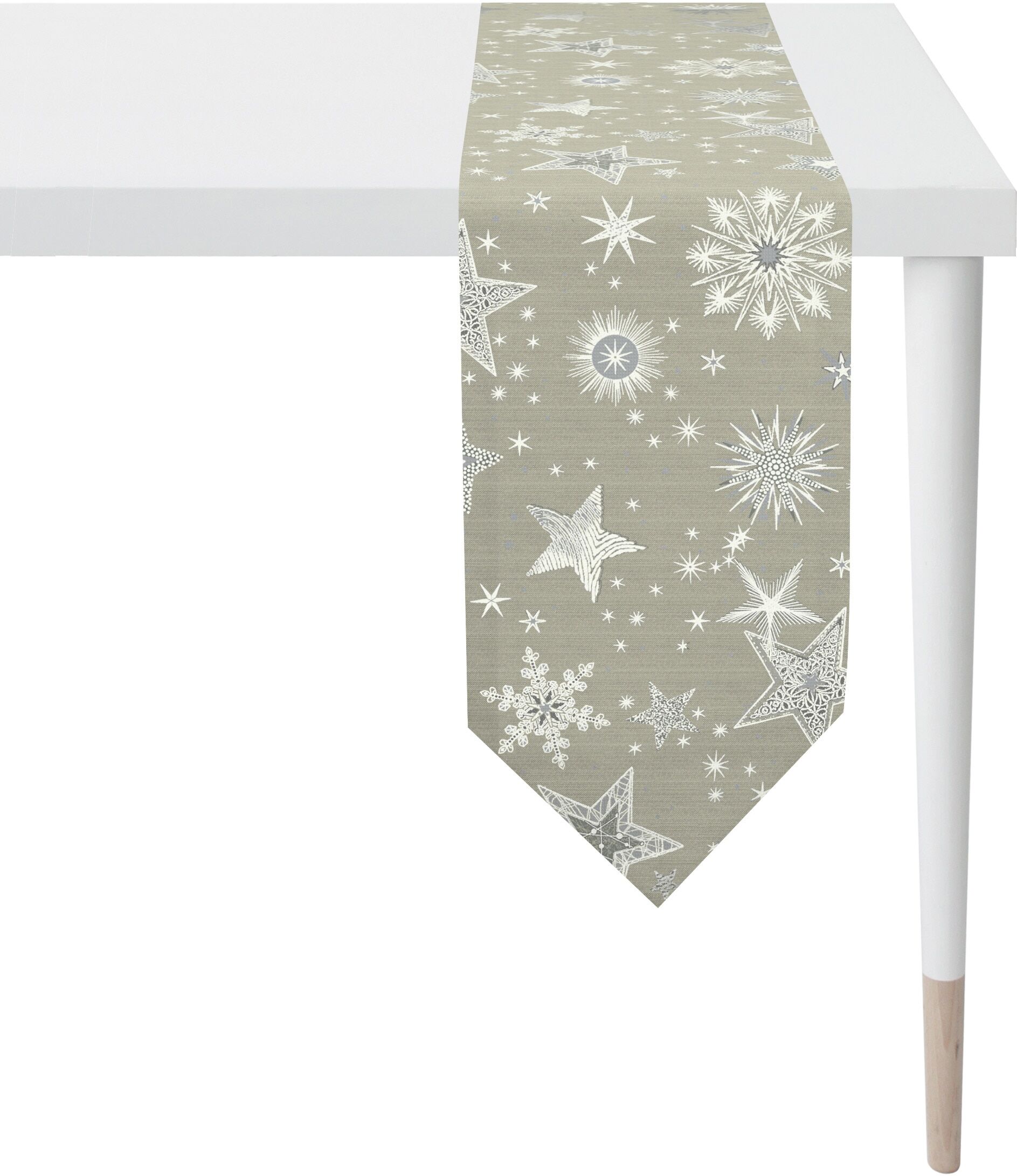 Tischband APELT "9602 CHRISTMAS ELEGANCE, Weihnachtsdeko, Weihnachten", grau (taupe, silberfarben), B:21cm L:175cm, Polyester, Viskose, Tischdecken, Tischband, Lurex-Jacquardgewebe taupe, silberfarben B/L: 21cm x 175cm, 1 Stk., sechseckig