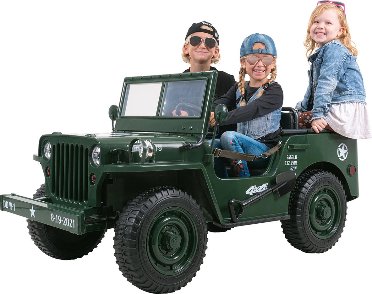 Actionbikes Motors Kinder Elektro Auto Jeep Willys | 3 Gurte - Allrad Antrieb - Dreisitzer - Fernbedienung - Federung - LED - Hupe - Geländefahrzeug