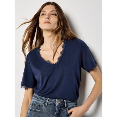 Shirttop APRICOT "Jersey T-Shirt", Damen, Gr. XS (34), blau (navy), Strick, Obermaterial: 58% Viskose CV. 42% Polyester PES., uni, normal, V-Ausschnitt, Spitzenrand, Tops Shirttop, mit Spitze