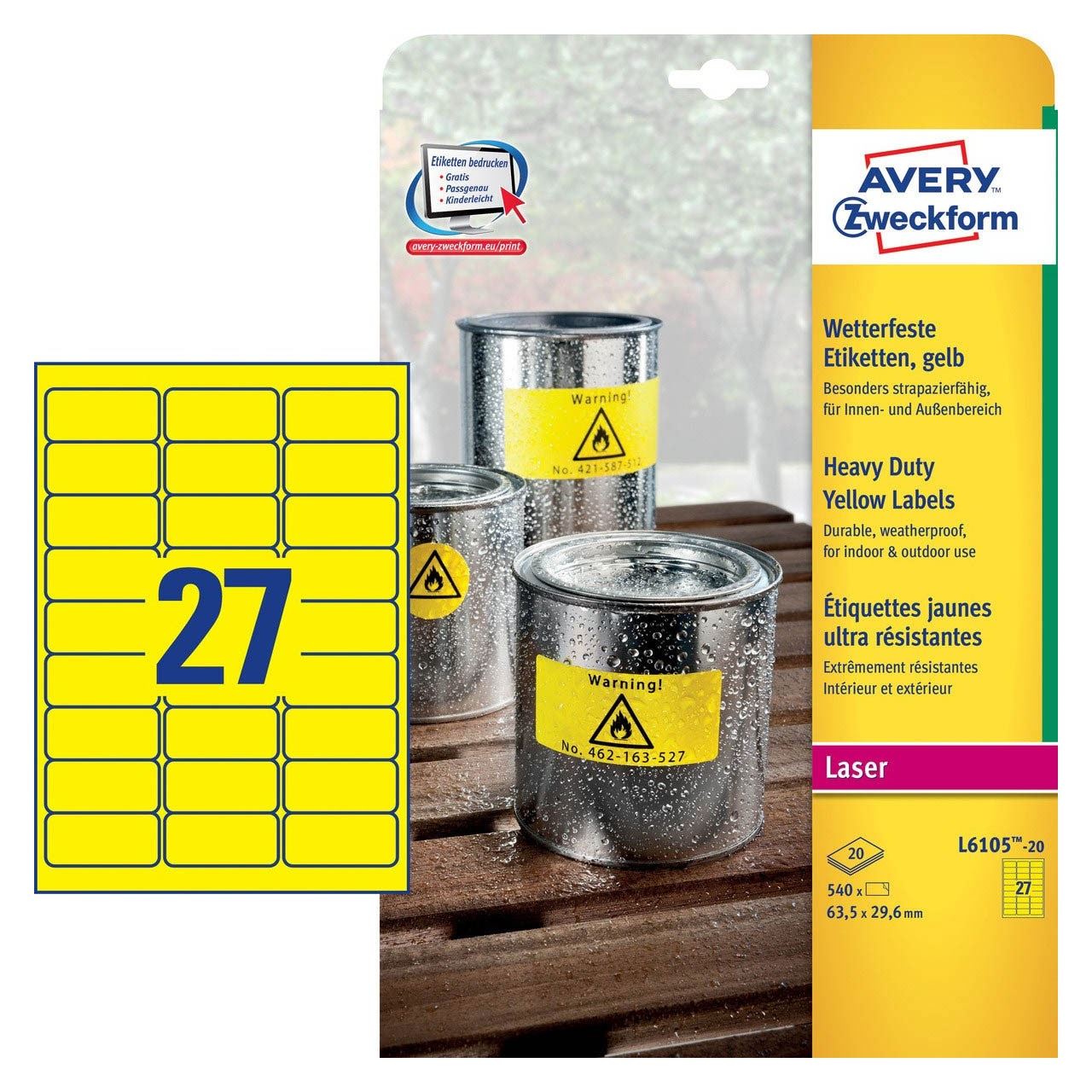 AVERY Zweckform 540 wetterfeste Folienetiketten L6105-20 gelb 63,5 x 29,6 mm