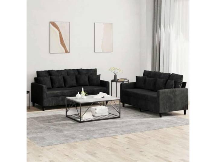 HEFZGDB 2-TLG. Sofagarnitur mit Kissen Schwarz Samt, Weiches Velours Polster für Wohnzimmer, Robustes Gestell aus Sperrholz und Metall, Bequeme Sitzpolsterung, Maximale Belastbarkeit