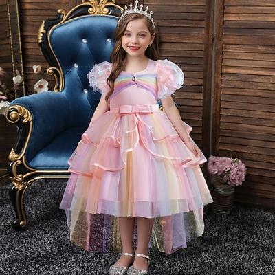Blumenmädchenkleid Mädchen Formelle Kleidung Hochzeitskleidung Party Hochzeit Formell Mode Niedlich Prinzessin Patchwork Netz Regenbogen Prinzessin Kurze Ärmel Quadratischer Kragen Blau Gelb Ab 4