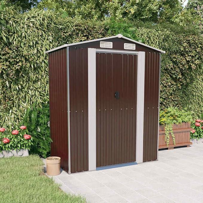 Geräteschuppen Dunkelbraun aus verzinktem Stahl 192x108x223 cm wetterfest und wasserdicht mit Schiebetor, platzsparend für Fahrrad, Werkzeug, Rasenmäher, Mülltonne im Außenbereich