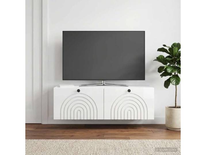 Wandmontierter TV-Schrank Hochglanz Weiß 98 x 31 x 30 cm Holzwerkstoff 90°-Doppeltüren, schwarze Metallknopfgriffe, pflegeleichte Oberfläche, vielseitig nutzbar, Montagematerial nicht enthalten