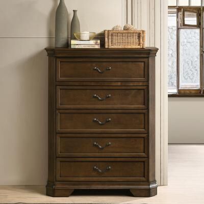 Dovelina Maderne Traditional Wood 5-Drawer Chest Storage Cabinet Antique Walnut Finish