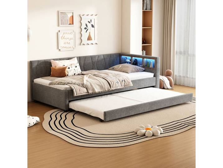 lit adulte gigogne rangement 90x200 avec USB Type C LED en lin gris couchage gain de place chambre adulte Grjofek