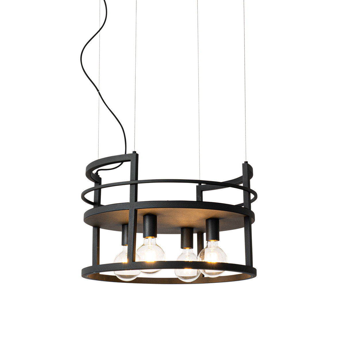 Qazqa Cage Rack Industriële Hanglamp Zwart - Rond - 4-Lichts - Dimbaar