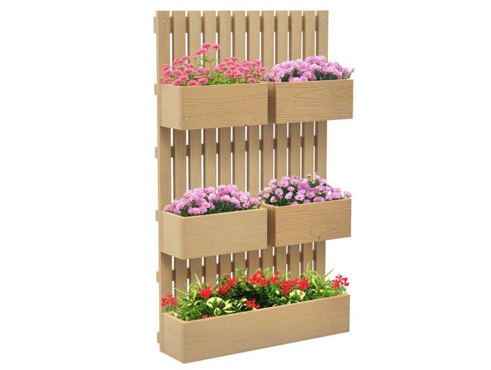 ComfortXL Wand-Pflanzenkübel De-12157 mit 5 herausnehmbaren Töpfen Natur, Naturfarben, Holz, 16x100x60 cm, Gartenzubehör