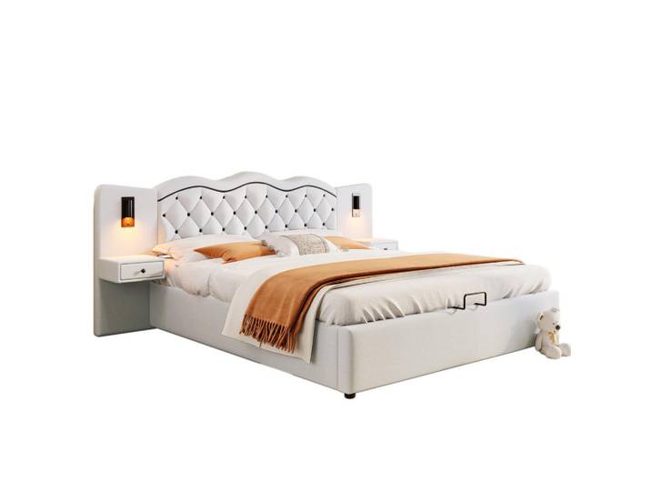 Evryae Polsterbett 180/200 mit Bettkasten, USB und Nachttischlampen in Beige, 180x200 cm, Schlafzimmer, Betten, Polsterbetten