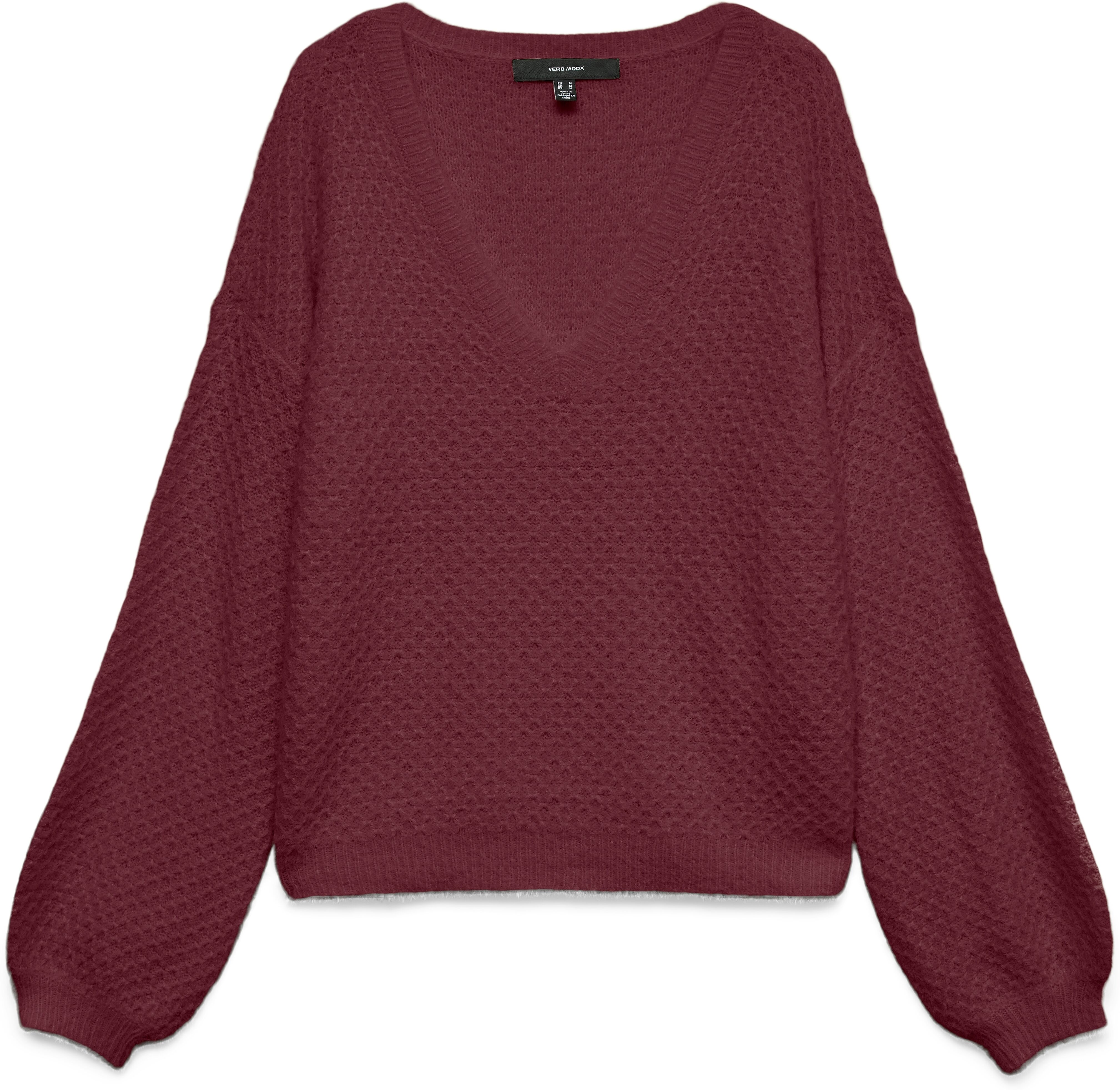 Strickpullover VERO MODA "VMPUFF LS V-NECK PULLOVER BOO", Damen, Gr. S, windsor wine, Strick, Obermaterial: 56% Nylon, 44% Polyacryl, unifarben, normal, V-Ausschnitt, Pullover Strickpullover, Materialmix windsor wine S
