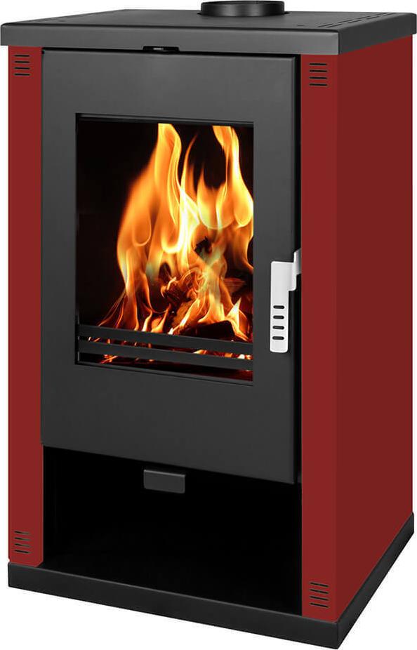 Holzofen Verso Theia - 9 kW | Bordeauxfarbene Seitenpaneele und modernes Design