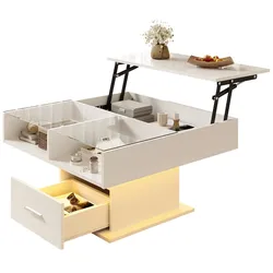 OKWISH Hochglanz Lift-Couchtisch Weiß, höhenverstellbar 78x78x45 cm, LED Lichtband, Schublade & Ablagefach, platzsparend, modern für Wohnzimmer