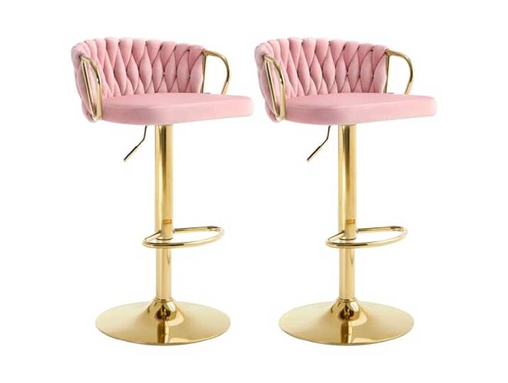 WOLTU Barhocker 2er Set, mit geflochtener Lehne, Samtstuhl, Rosa Barstuhl höhenverstellbar, 360° drehbar, Küchenhocker mit Fußstütze, Metallrahmen, für Küche Hausbar