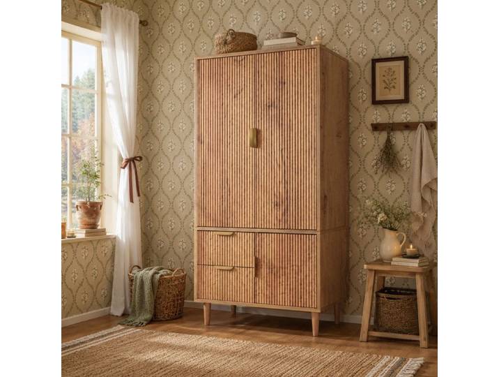 Armoire de Chambre 80x50x177 cm 3 Portes 2 Tiroirs Penderie Façades Rainurées Poignées Dorées pour Chambre Adulte - Chêne