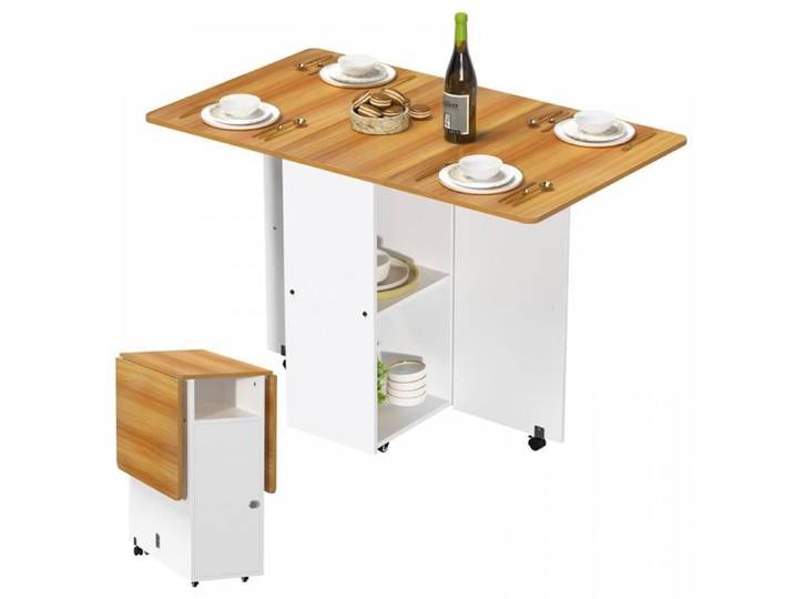 Table à Manger Pliable à Roulettes - Table de Cuisine avec Rangement Intégré - pour Cuisine et Salle à Manger - Blanc+Bois