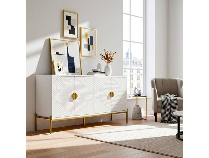 URBAN MEUBLE Buffet moderne blanc à motif géométrique pieds et poignets dorés