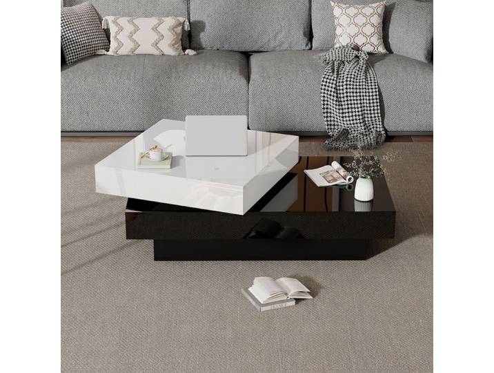 Table Basse Pivotante Noir et Blanc Double Plateau Modulable Table Salon Moderne Laquée 103x60x35 5cm Norevia