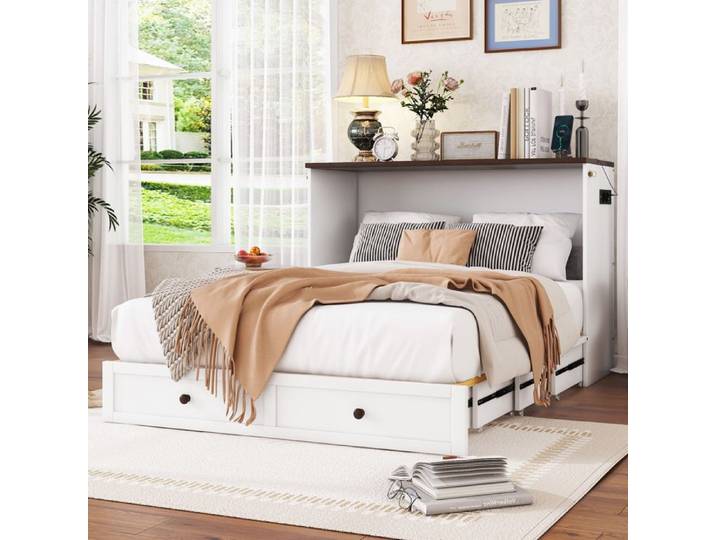 Lit escamotable - SINGULARITY - Lit escamotable mobile - 140 x 200 - Avec tiroirs - Ports USB - Blanc