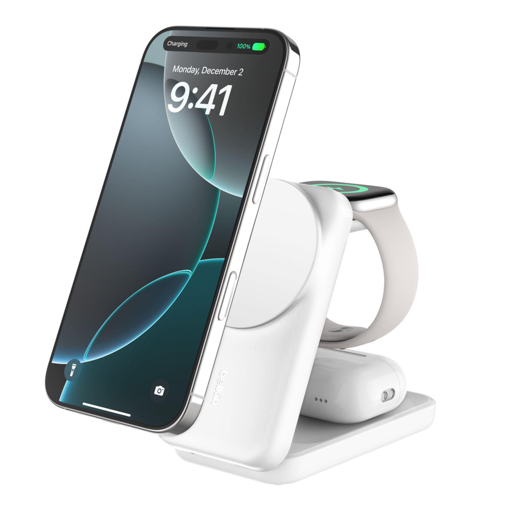 Belkin UltraCharge faltbare magnetische 3-in-1-Ladestation mit Qi2 25W weiß, eckig