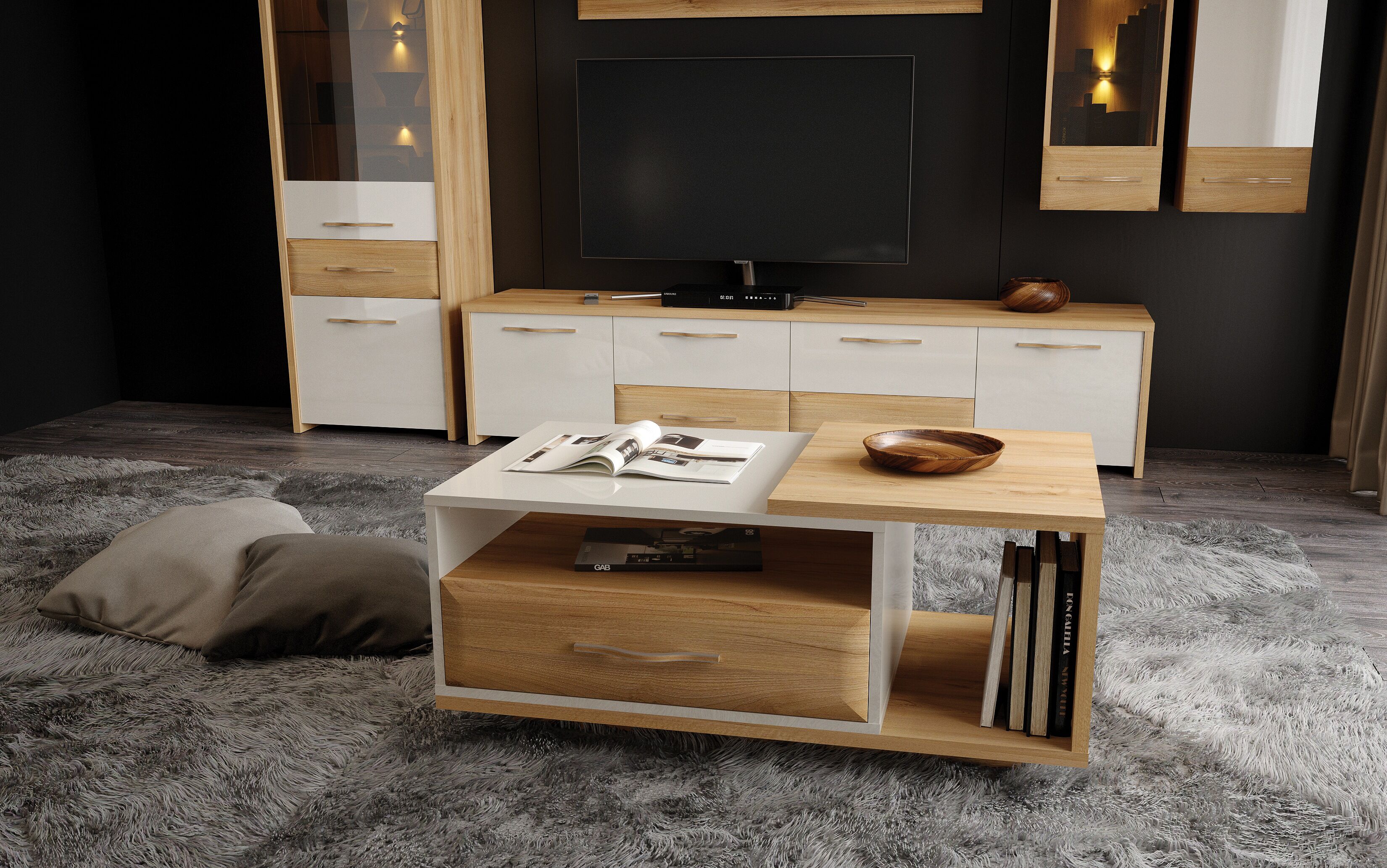 Couchtisch GOODPRODUCT "Gala", beige (beige, pacific walnuss decor), B:117cm H:47cm T:60cm, Tische, Couchtisch, Tischplatte in Beigeton UV-lackiert kratzfest, hochglänzend beige, pacific walnuss decor B/H/T: 117cm x 47cm x 60cm