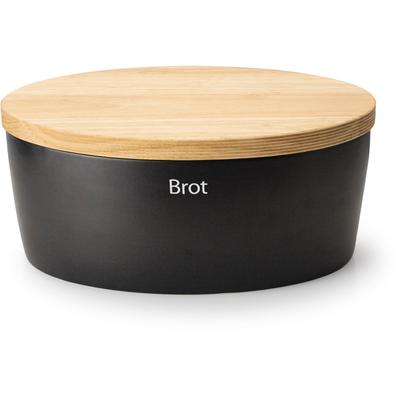 Brotkasten CONTINENTA, schwarz, B:23cm H:15,5cm L:36cm, Keramik, Lebensmittelaufbewahrungsbehälter, Brotkasten, Brottopf, mit Holzdeckel, auch als Brotschneidbrett nutzbar