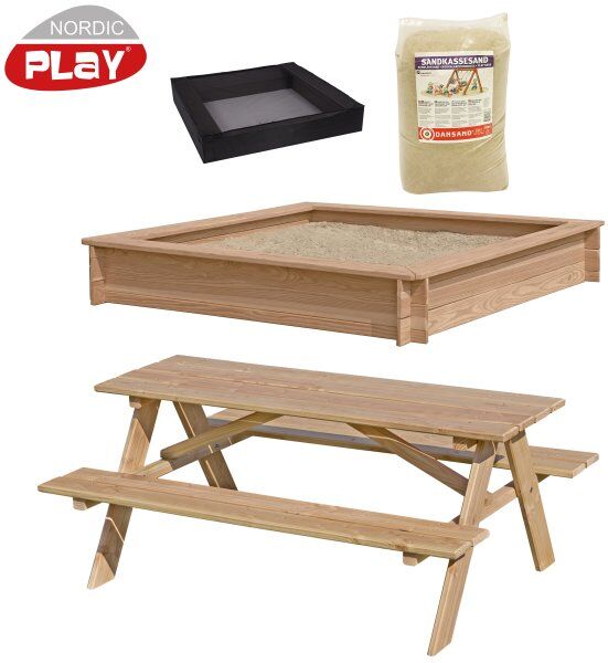 PARADISO TOYS Nordic Play Sandkasse 150x150cm Net Sand & Bænksæt