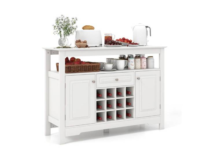 Rangement optimisé buffet bar blanc avec porte-bouteilles amovible étagère ouverte et 2 placards