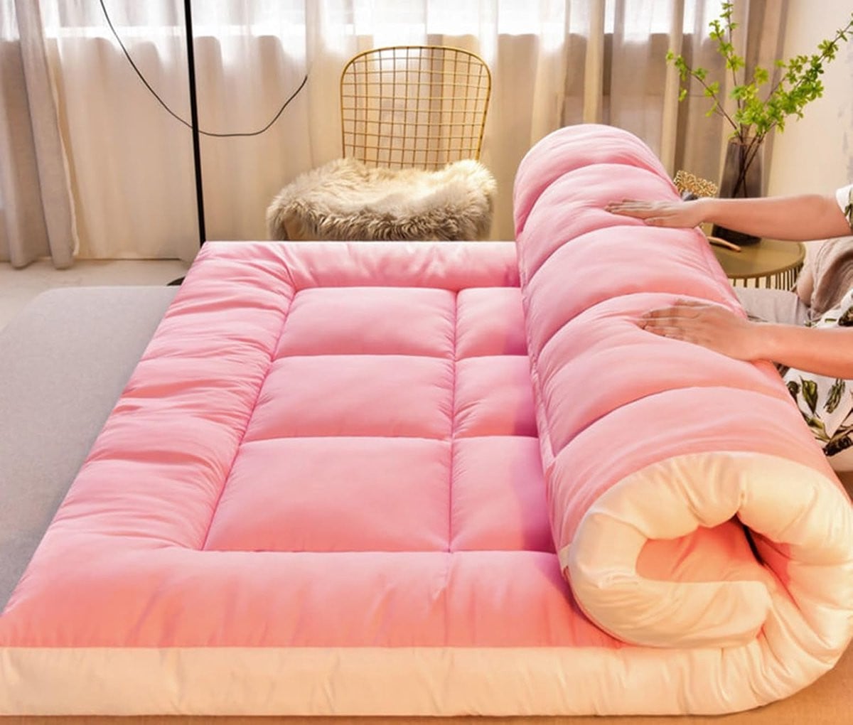 Japanse Vloermatras Futon Topper Roze - 200 x 220 cm