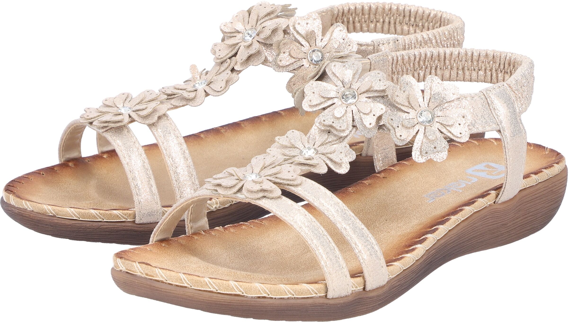 Sandale RIEKER, Damen, Gr. 42, Synthetik, beige (roségoldfarben), Lederimitat, metallic, Schuhe Sandale, Sommerschuh, Urlaubsschuh mit Blütenverzierung und Glitzersteine