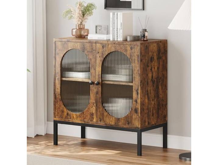 GarveeMore 2er Set Vintage Sideboard/Anrichte aus Holz geriffelte Glastüren (2) – Regalböden & Stauraum – Kaffeebar/TV-Konsole für Küche & Esszimmer – Farbe: System default