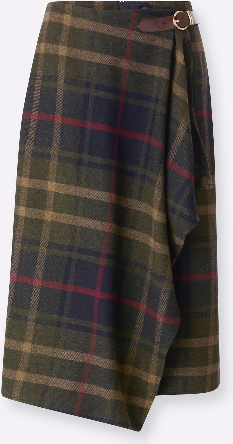 Wickelrock HEINE, Damen, Gr. 50, grün (moos, marine, kariert), 65% Polyester, 15% Polyacryl, 10% Viskose, 10% Polyamid, gemustert, kariert, mehrfarbig, wadenlang, Röcke Wickelrock