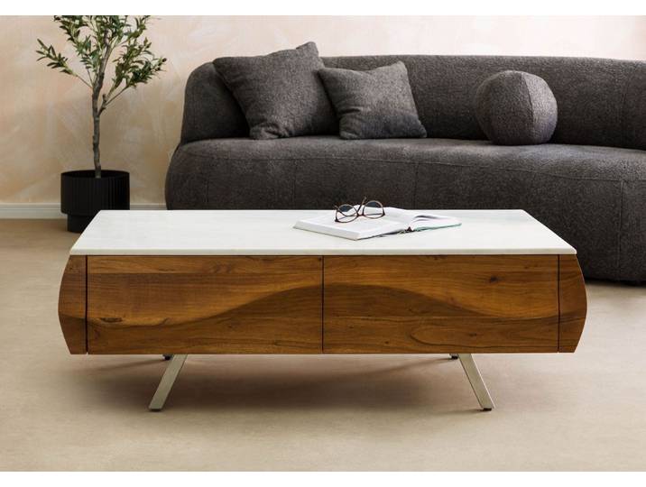 Couchtisch Akazie 124x60x40 natur lackiert / Marmor weiß MONTREAL #130