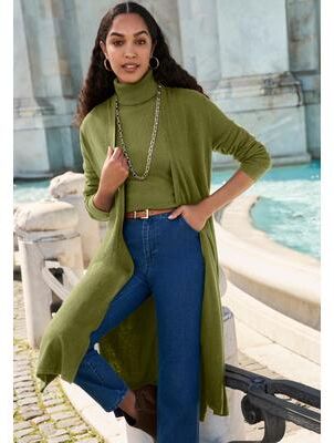 Plus Size Women's Carefree Cashmere Duster Sweater by Jessica London in Moss Green (Size 12)