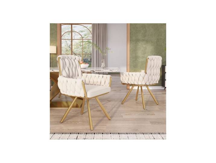 2-Piece Set Velvet Dining Chair Armchair Swivel Lounge Chair with Four Metal Support Legs Beige