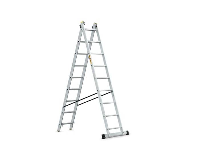 DRABEST Pro Aluminium-Leiter - Stark und langlebig - Verzinkte Haken - EN-131 Standard - Ergonomische Konstruktion - 2-Element - 2x9 Sprossen 150 kg Belastbarkeit - 47 x 379 x 11,5 cm