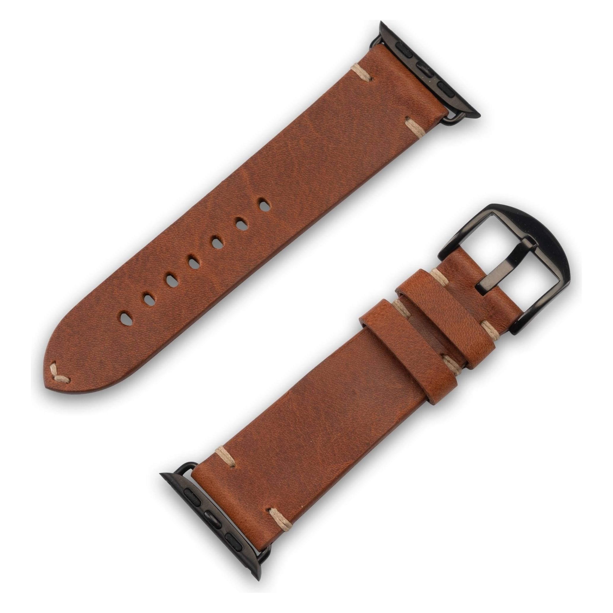 JT Berlin Watchband Alex II Vintage | Apple Watch Ultra/42/44/45mm | braun - Edelstahl schwarz | M (Leder) (10831)