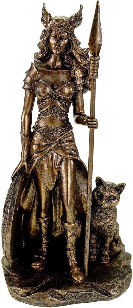 Germaanse Godin Freya Figuur met Odin Kat, Speer en Schild voor Decoratie