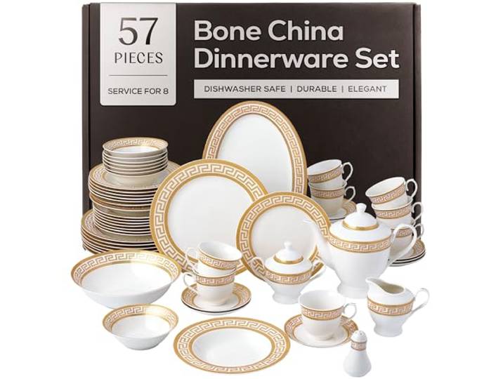 Joseph Sedgh Collection 57-teiliges Bone China Geschirr Geschirr für 8, weißer und goldener griechischer Schlüssel