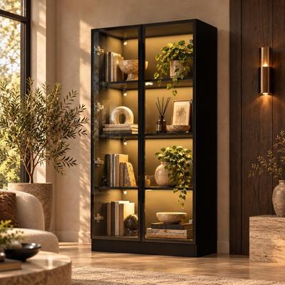 FUFU&GAGA Pantry Display Bookcase Glass Door Corner and Standard Cabinet Set with Lights Strips